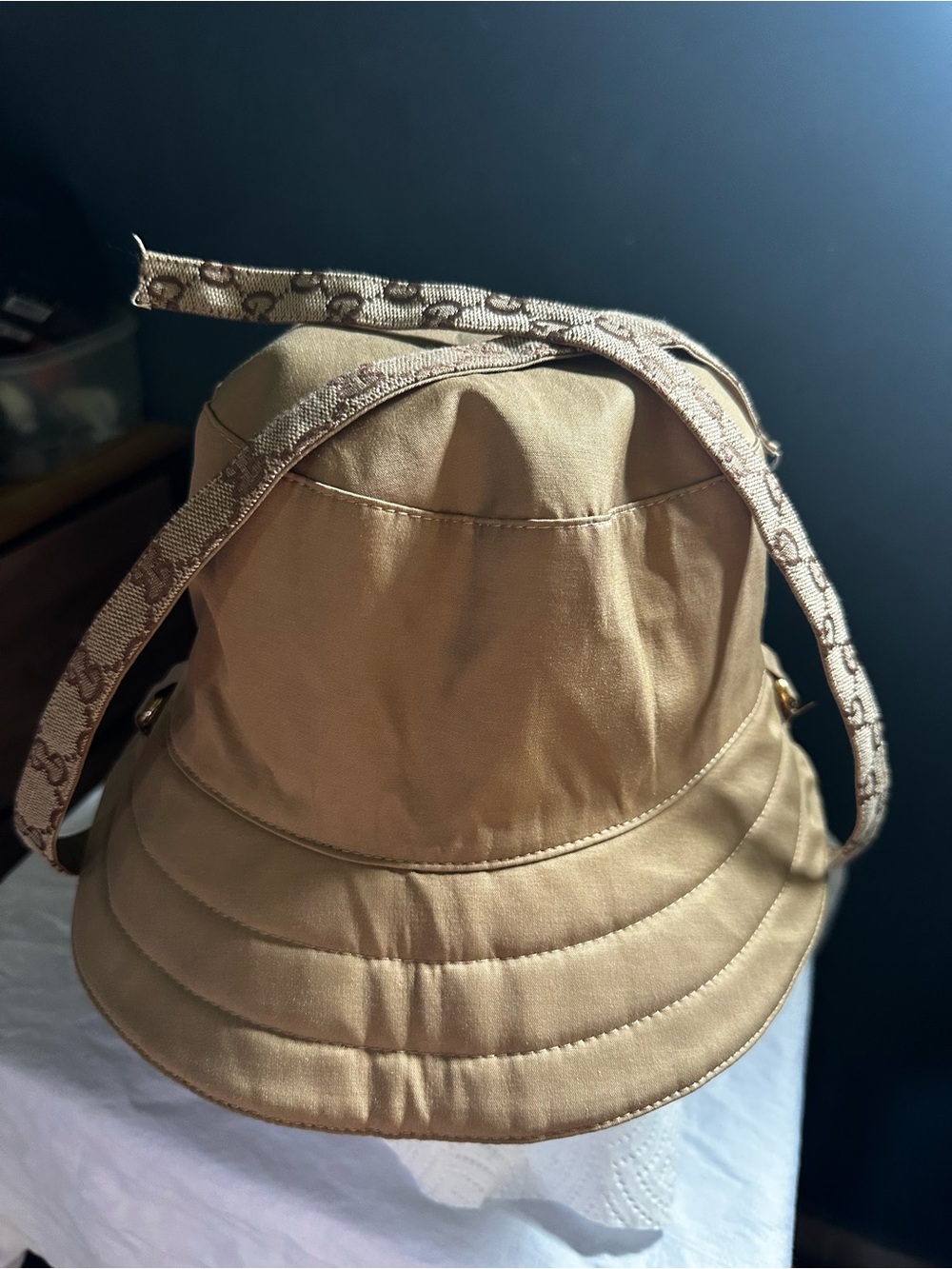 Gucci Beige GG Supreme Tie-Strap Bucket Hat - Picture 6 of 8